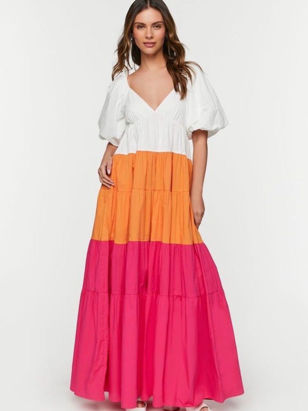 Forever 21 White, Orange & Hot Pink Colorblock Maxi Dress